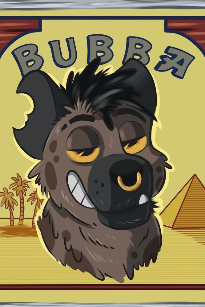 a smug spotty hyena on a camel box as a con badge
name : Bubba