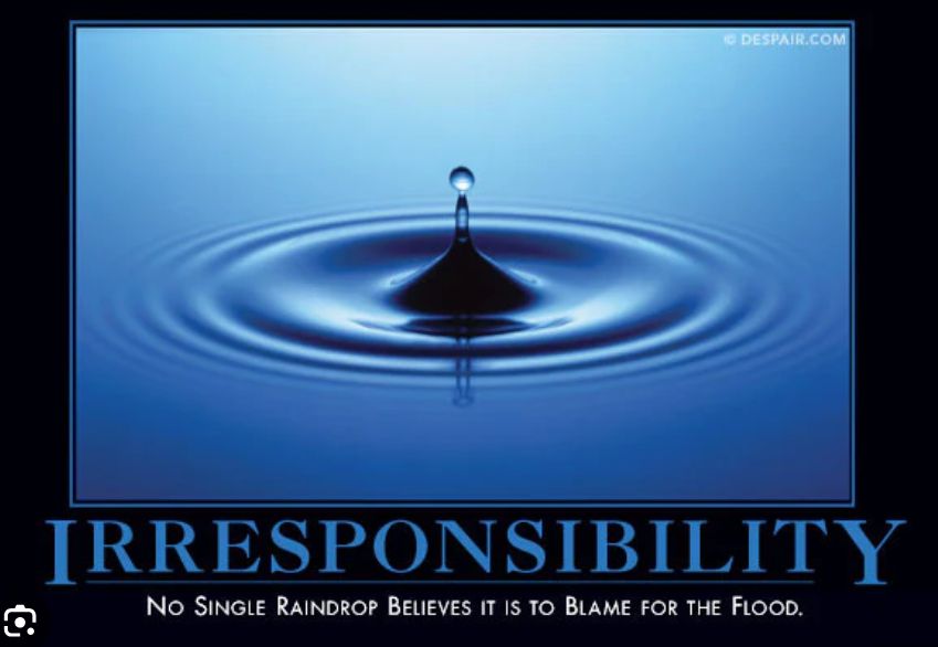 Demotivator poster says: "Irresponsibility... No single raindrop believes it is to blame for the flood."