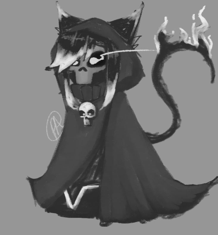 Pancake a cat girl as the Grim Reaper in a monochrome painterly style.