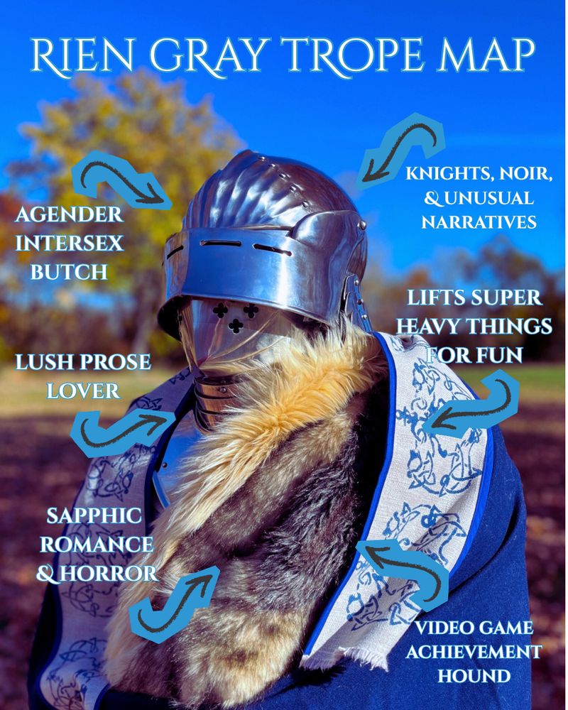 A trope map surrounding Rien, who stands in steel knight's armor and a blue cloak imprinted with stylized blue bears.