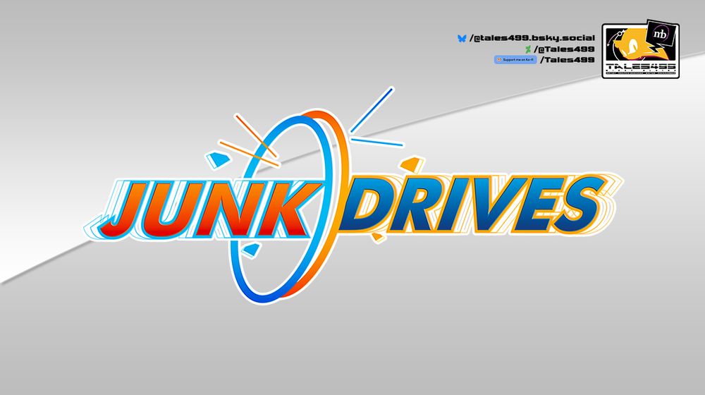 A colored logo with the words "Junk" in orange-red gradient with blue-cyan-blue gradient outline and "Drives" on the right in a cyan-blue gradient with a red-orange-red gradient outline with two slanted ovals right in the middle with emerald shapes and straight lines coming out of the circles in either direction