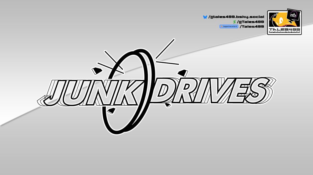 A black version of the logo with the words "Junk" and "Drives" with two slanted ovals right in the middle with emerald shapes and straight lines coming out of the circles in either direction
