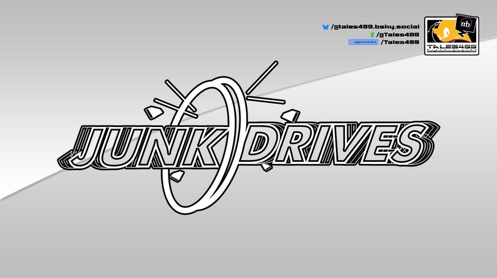 A white version of the logo with the words "Junk" and "Drives" with two slanted ovals right in the middle with emerald shapes and straight lines coming out of the circles in either direction