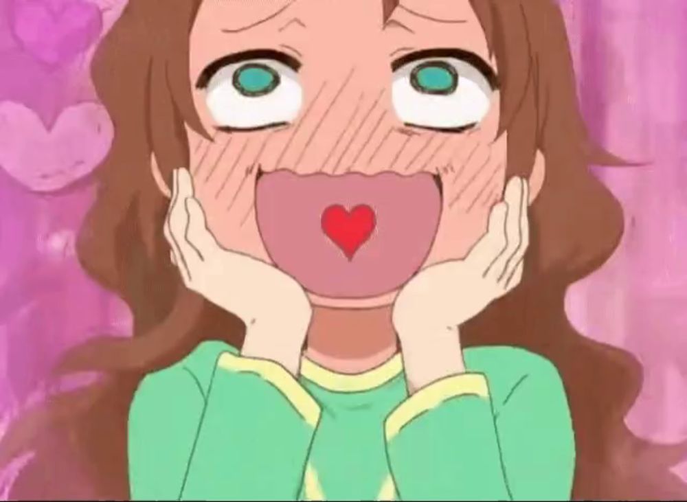 a cartoon girl is making a funny face with her mouth open and a heart in her mouth .