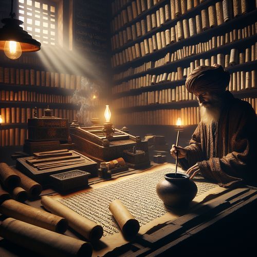 Imagine an ancient scribe in a dimly lit room, surrounded by scrolls and parchment. The scribe dips a reed pen into ink and elegantly writes Arabic script on a large sheet. The walls are adorned with shelves filled with manuscripts, a testament to the rich history of writing in the Arabic world. The scene is illuminated by the soft glow of an oil lamp, highlighting the intricate calligraphy.