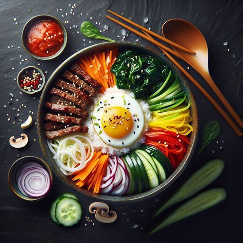 Imagine a vibrant bowl of bibimbap: a medley of colorful vegetables, perfectly cooked beef, and a sunny-side-up egg, all atop a bed of steaming white rice. The dish is completed with a generous dollop of spicy red gochujang sauce, ready to be mixed together. The image captures the essence of Korean harmony in diversity, as each element retains its color and flavor but blends into a cohesive, delightful meal.