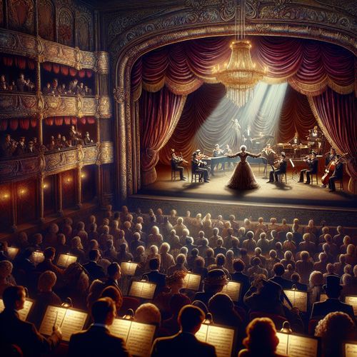 Imagine a bustling early 20th-century vaudeville theater. The stage is set with plush velvet curtains, and an orchestra pit filled with musicians playing a syrupy, sentimental tune that resonates with the audience. A singer, dressed in elaborate period costume, performs with exaggerated emotion, evoking a mix of laughter and tears from the crowd. This scene captures the essence of 'schmaltz' as both an art form and a cultural expression.