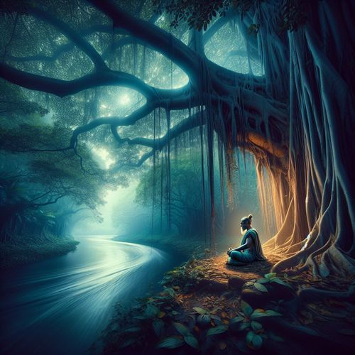 Imagine a serene landscape where a figure sits in deep meditation under a sprawling banyan tree. The air is filled with a sense of peace and timelessness, as ethereal light filters through the leaves, symbolizing enlightenment. In the background, a river flows gently, representing the cycle of life, while the figure remains untouched, embodying the concept of moksha—liberation and ultimate freedom.