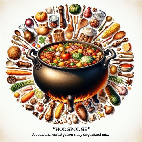 An image of a large, bubbling cauldron filled with a colorful assortment of vegetables, meats, and spices, symbolizing the original culinary use of 'hodgepodge'. Surrounding the cauldron are various items from different cultures and time periods, illustrating the word's evolution from a specific stew to a metaphor for any chaotic mixture.