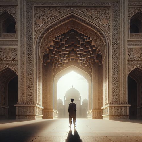 An image depicting a person standing hesitantly at the entrance of a grand, unfamiliar building. The building's architecture is imposing and intricate, symbolizing the threshold. The person's posture conveys a mix of curiosity and apprehension, capturing the essence of 'schwellenangst'. Around them, shadows and light play on the building's surface, illustrating the transition from the known to the unknown.