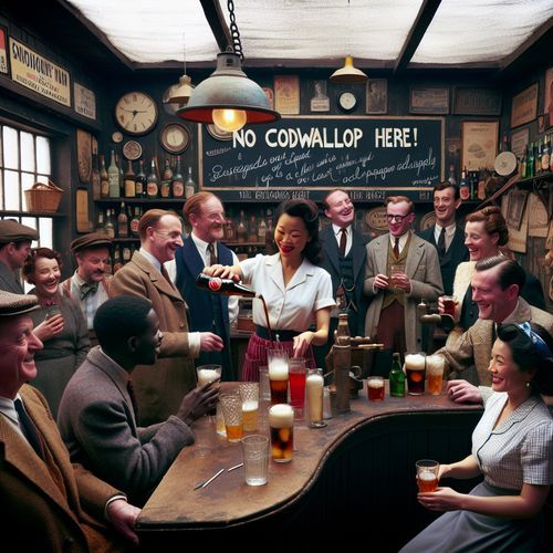 Imagine a scene from a quaint British pub in the 1950s, with patrons laughing and engaging in animated conversation. At the center, a bartender is pouring drinks from an unusual soda bottle. The room is filled with vintage decor, and a chalkboard behind the bar reads 'No Codswallop Here!' in playful script, reflecting the quirky, humorous atmosphere.