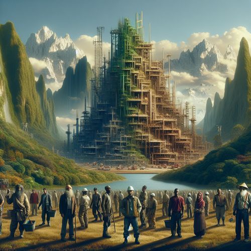 An image of an elaborate but purposeless construction project, with workers appearing idle, surrounded by a lush, mountainous landscape to symbolize the term's etymological link to 'bundok'.