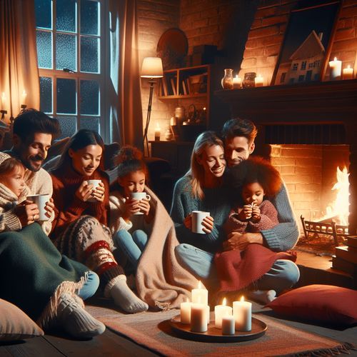 Imagine a cozy, warmly lit living room on a cold winter evening. A family is gathered around a fireplace, wrapped in soft blankets, sipping hot cocoa, and sharing stories. The room is filled with soft, ambient light from candles, enhancing the feeling of warmth and togetherness that defines 'hygge'.