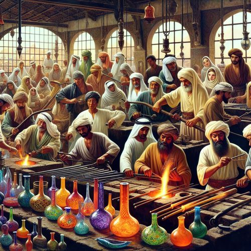 An ancient glassblower workshop, where artisans are crafting ornate glassware using traditional techniques. The scene is filled with vivid colors from the molten glass, reflecting the cultural significance of glass in history.