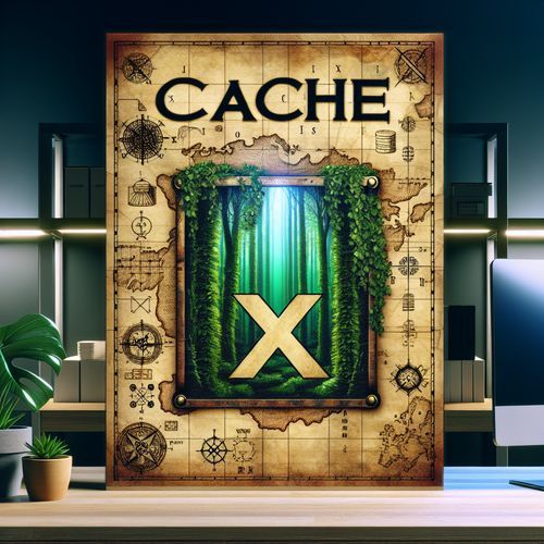 An image depicting a treasure map with an X marking the spot of a hidden stash, surrounded by a dense forest. The map is old and tattered, with intricate details and symbols hinting at the hidden cache's location. In the background, a computer screen displays the word 'cache', symbolizing the modern digital interpretation of the term.