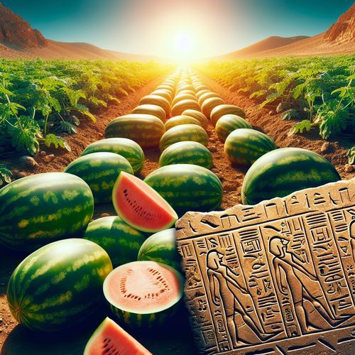 A lush, sprawling watermelon patch under the bright desert sun, with ripe, glistening watermelons scattered across the field. Nearby, ancient Egyptian hieroglyphs depict the fruit being harvested, symbolizing its historical significance and cultural evolution.