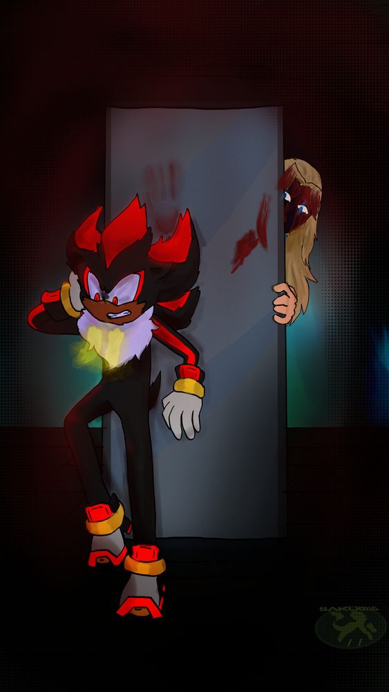 Shadow the hedgehog hyperventilating in front of a tube while a bloody Maria hunts him, this is a fanart from a fanfic on AO3 called Claws & Chaos GO READ IT!