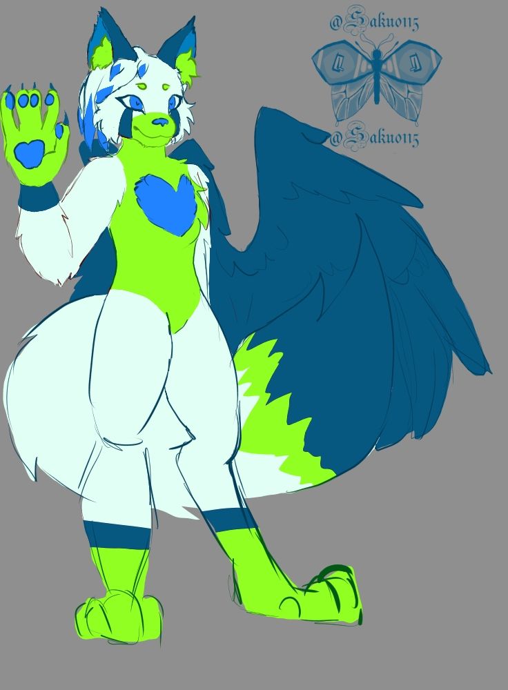 A cat furry with white fur a blue heart mark, wings and pattern combine with green