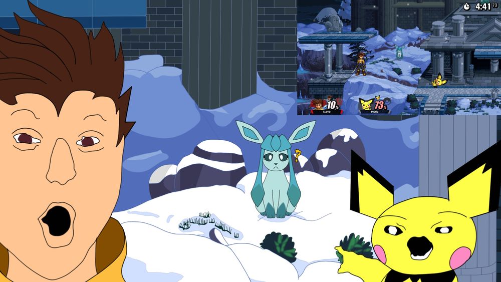 Pichu and Lloyd Irving (Using his 12th palette from SSF2) soyjaking at the background Glaceon on Snowpoint Temple (Based of the exact screenshot I took when I myself reacted to her in the top right)