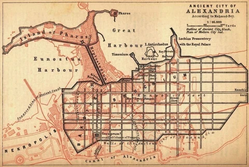 Ancient map of Alexandria, according to Mahmud Bey, superimposed over a nineteenth century map of the city, created by Wagner & Debes for Baedeker’s Guide to Egypt, 1885. 