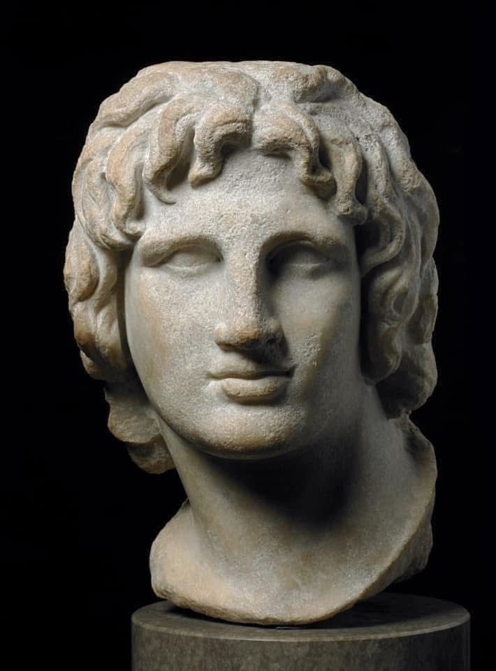 37 cm tall, marble portrait head of Alexander the Great, said to have been discovered in Alexandria and acquired by the British Museum in 1827, where it is currently displayed. 
