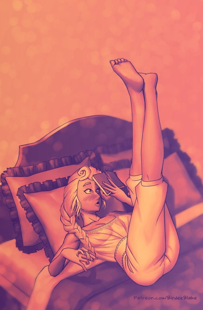 Digital illustration. A young blonde woman with her hair in a braid, wearing a lacy chemise and drawers. She's lying on a bed, with her legs held up in the air. She's holding a book close to her face and reading it with her mouth agape while twirling the end of her braid with her other hand. 