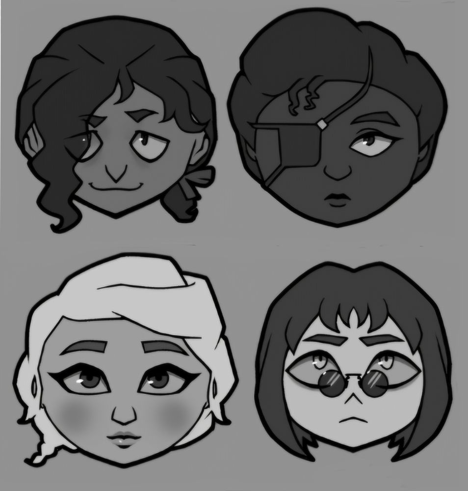 Greyscale digital drawings of four chibi-fied character portraits. Clockwise from the top left: Monty (dark wavy hair in a ponytail), Zendaya (dark-skinned woman with an eyepatch), Lana (blonde woman with her hair in a braid) and Luca (pale young person with chin-length brown hair and tiny glasses).