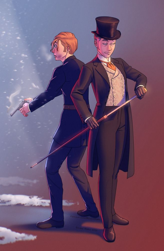A digital illustration of two versions of a man with light brown hair and pale blue eyes. On the left is his younger self, wearing an 1800s police uniform and holding a smoking revolver. His hair is dishevelled, he has injuries on his hands and face, and he looks horrified. His breath is visible, and there are snow drifts creeping in on his side of the image, as well as some falling snow lit by a beam of light. On the right is an older version of him, now dressed in a dapper vest, frock coat, tophat, and puff tie. His hair is greying a bit. He's drawing a cane sword and smiling smugly. 
