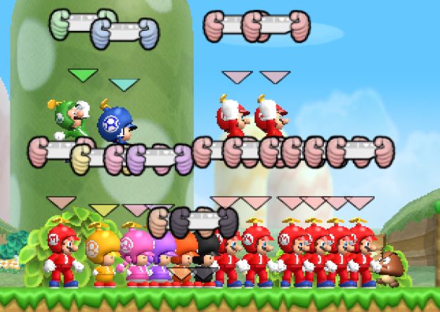 New Super Mario Bros. Wii screenshot with 16 players, mostly Mario, and a Goomba touching the Mario standing on the right