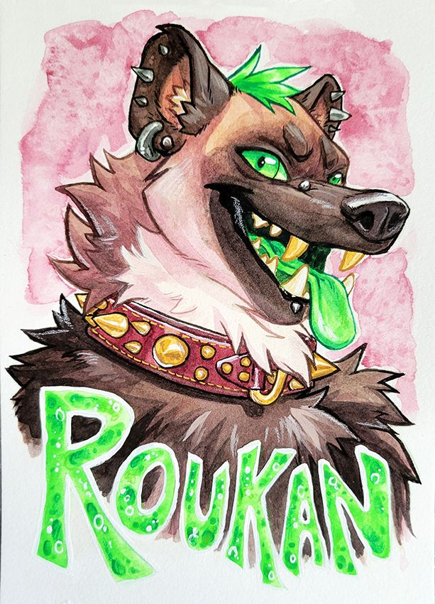 watercolour painted badge of Roukan the hyena. 