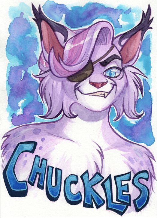 watercolour painted badge of Chuckles the Lynx wearing an eyepatch over their right eye