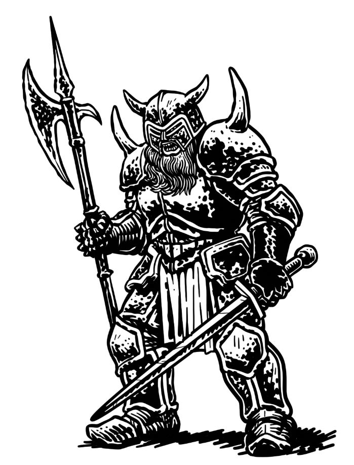 High-contrast image of an angry warrior in a sinister-looking suit of armor, holding an axe in one hand and a sword in the other.