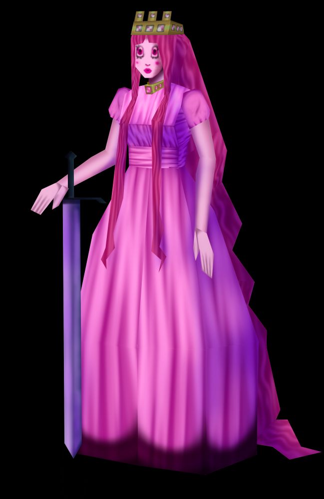 a princess drawn in the style of low poly graphics. She is wearing a pink dress, has long pink hair, and is leaning on a sword. 
