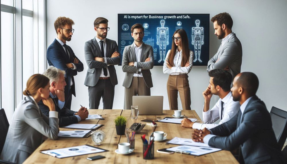 AI Generated image of people talking about using AI sitting around a conference table.