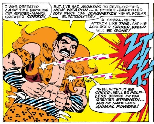 A panel from Amazing Spider-Man where Kraven demonstrates (to himself, apparently) his new rays he can fire from his lion vest's "eyes" that "magnetize [...] muscular electrolytes", thereby eliminating Spider-Man's speed and strength.