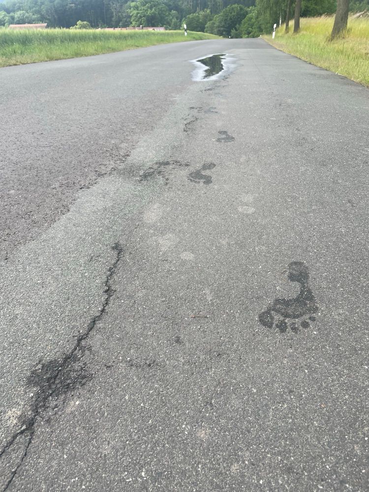 Ein paar Fußabdrücke auf einer Straße, etwas weiter entfernt eine Pfütze. 