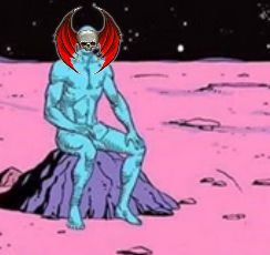 In this super-professional graphical representation of the previous Bluesky post, a Warhammer 40,000 red winged skull Night Lords symbol has been expertly copy-pasted over the face of Dr Manhattan from the The Watchmen franchise. The Dr Mahattan picture is so low-res that it could be almost any blue humanoid on a pink background at this point. Dr Manhattan here fills in for Konrad Kurze, the Primarch of the Night Lords, imagined here sitting alive on a barren planet wondering why the Emperor had to go and make him.