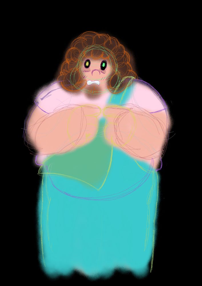 A colored messy sketch of my oc Qohélet from on of my Steven Universe AU's. Qohélet wear an green overall with a pink t-shirt, they are embarrassed to ask something, they touch their index with each other.