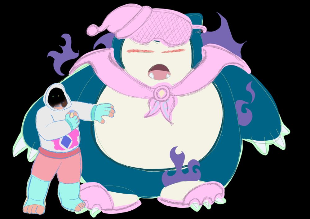 A colored messy sketch of my oc Eclesias and his shadow snorlax Snork from my Steven Universe X Pokémon AU. Eclesias having his right hand with a pokeball near his chest and the left hand stopping Snork from attacking.