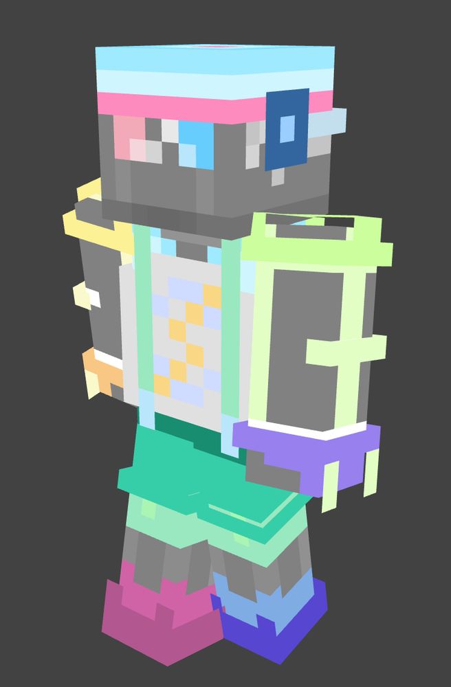 Minecraft skin front they wearing a cap with headset, a sleeveless shirt with suspender, a short and bunny slipper. They also have a mittens and holographic claw. 