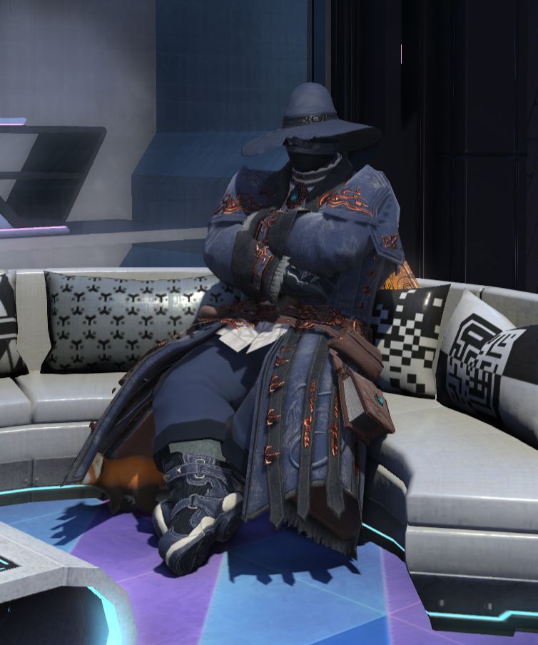 A screenshot my character Marcuss from the MMORPG acclaimed by the critic Final Fantasy XIV. Marcuss wearing a long blue dark coat and a witch hat and is sitting on a couch.