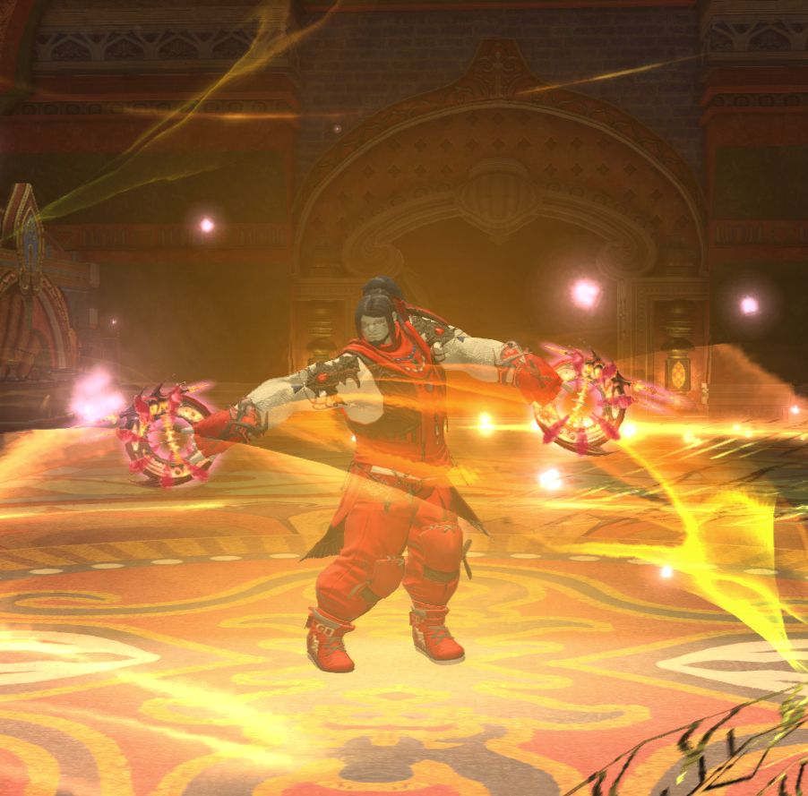 A screenshot my character Marcuss from the MMORPG acclaimed by the critic Final Fantasy XIV. Marcuss wearing a full bright red ensemble and dancing.