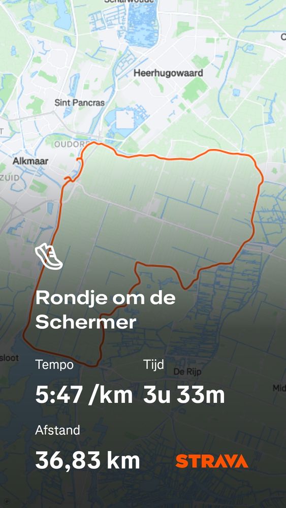 Kaartje van het hardlooprondje rond de Schermer