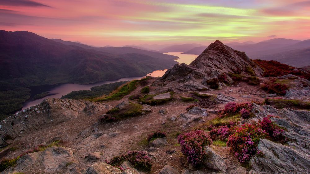 Lake, mountains, sunset, grass, forest, valley, landscape, clouds.