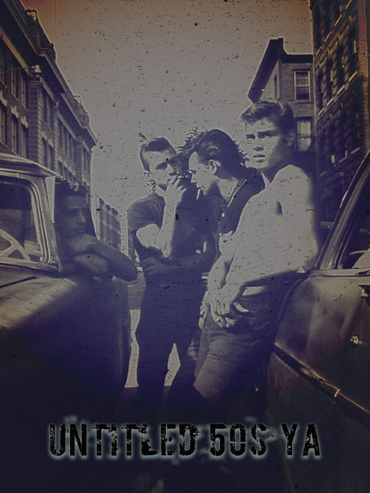 An image of 4 teenage boys in the 1950s leaning against a car. With the words Untitled 50s YA written at the bottom