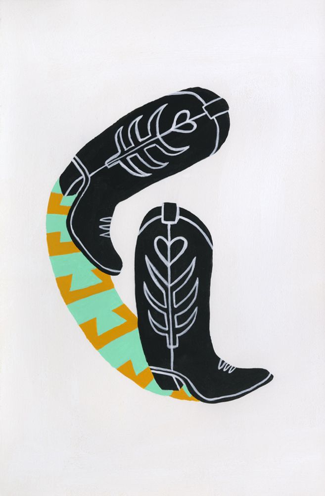 Black cowboy boots with a white detailing are flying leaving a tan and aqua geometric pattern in between the heel of one and the toe of the other on a white background. It looks like they are in the middle of a dance move.