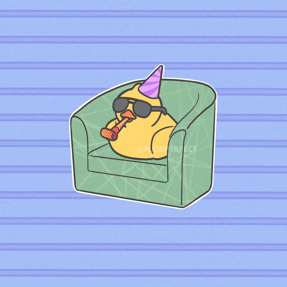 Drawing of a rubber duck with sunglasses sitting on a couch chair. The duck has a party hat and a party horn.