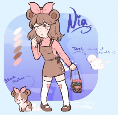 a human form for a little pink, brown, cream, and white colored baobear! she has a cloud for a tail and holds a pot of flowers. Baobears are a CS by Miyabau! 