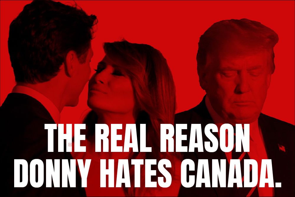 Melania Trump greets Justin Trudeau with a kiss while Donald looks despondent.