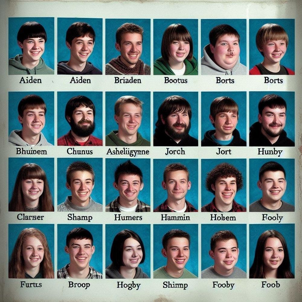 A fake, AI-generated yearbook page containing many obvious anatomical errors and bizarre names